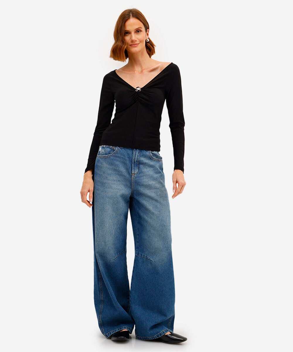 blusa feminina manga longa decote v franzida  preta