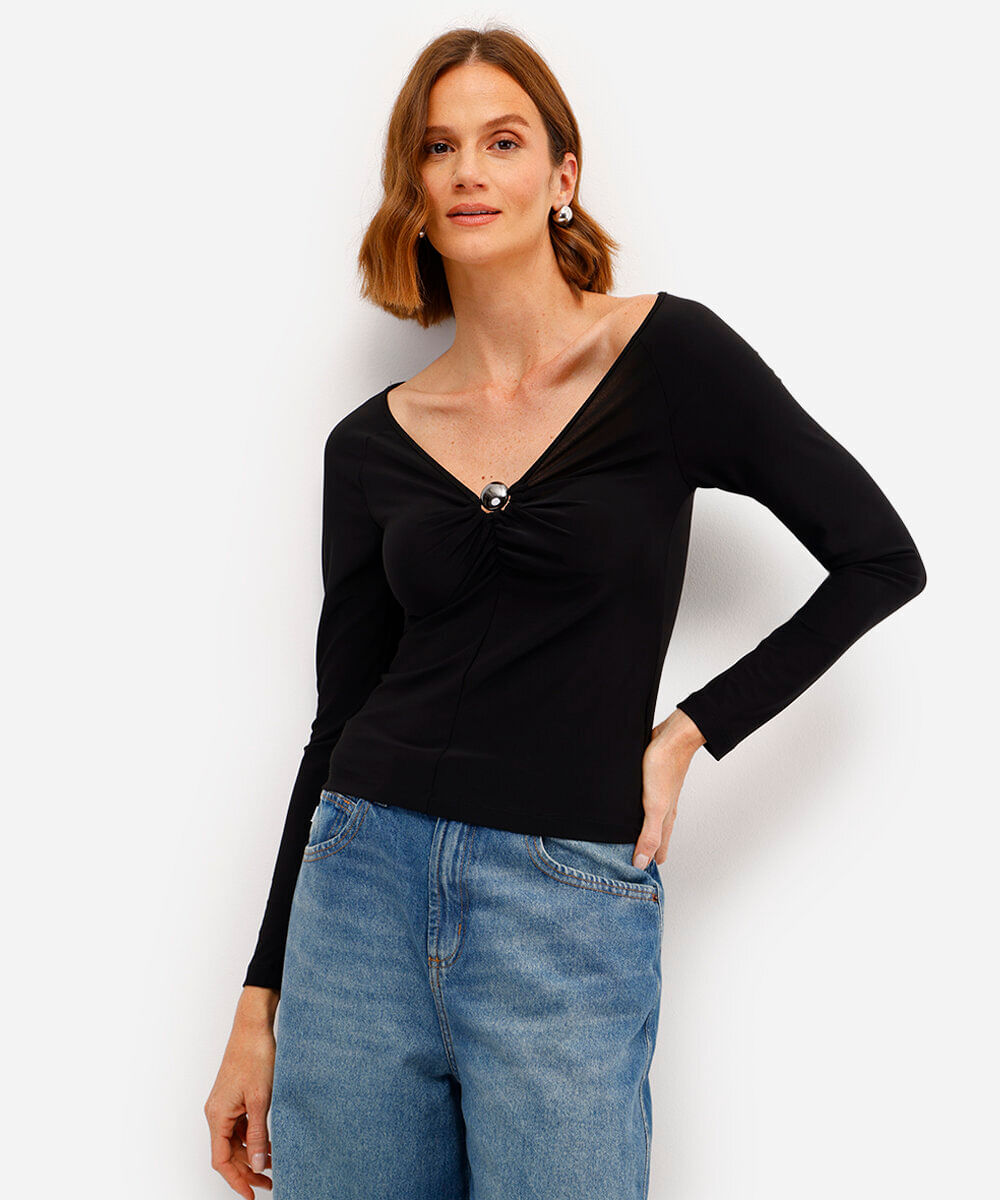 blusa feminina manga longa decote v franzida  preta