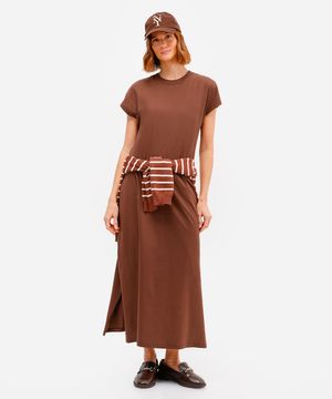 vestido de algodão básico com fenda longo marrom