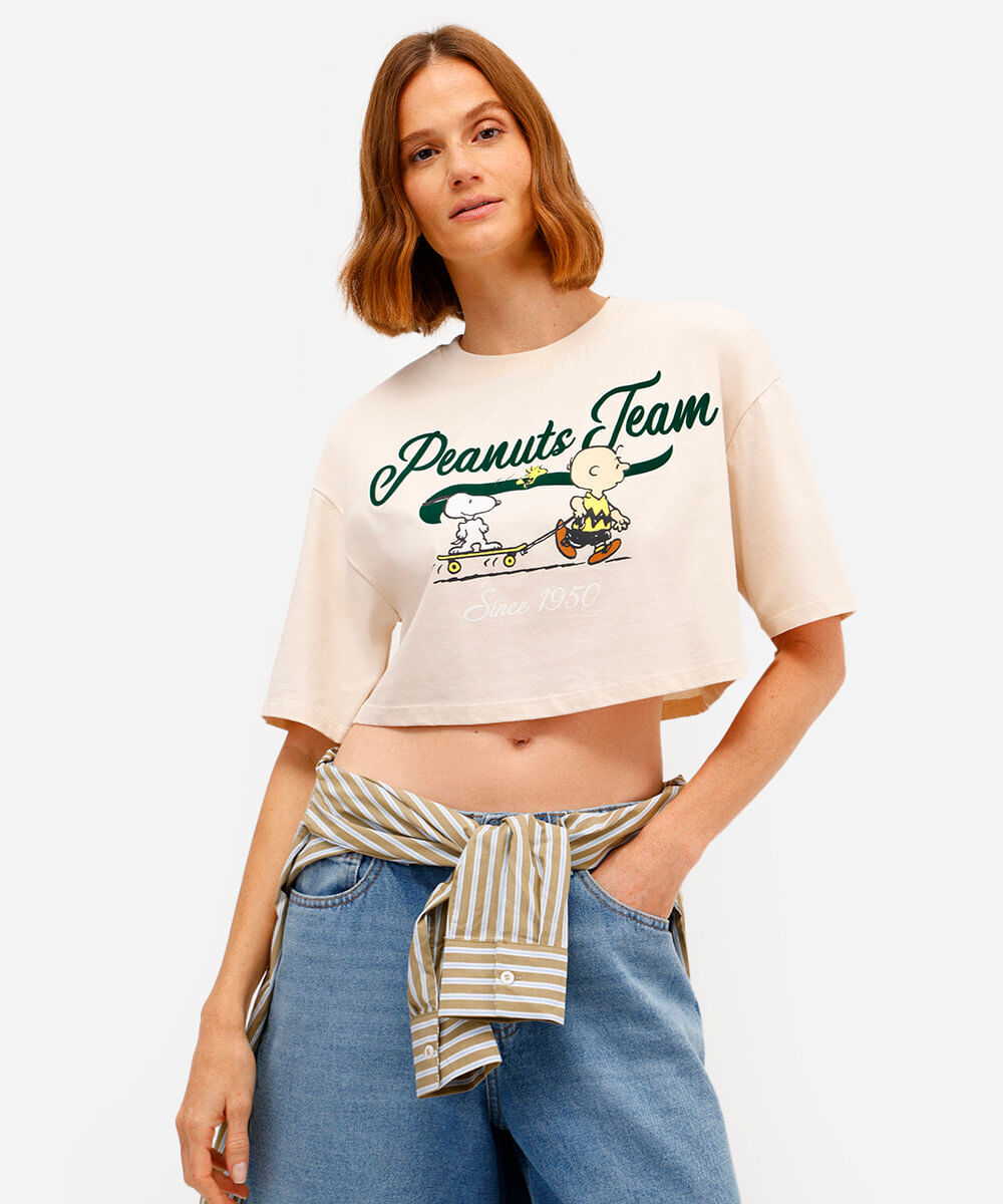cropped feminino de algodão snoopy bege