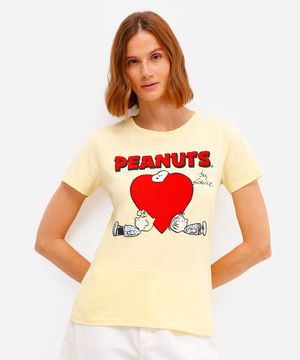 camiseta feminina de algodão snoopy texturizada amarela