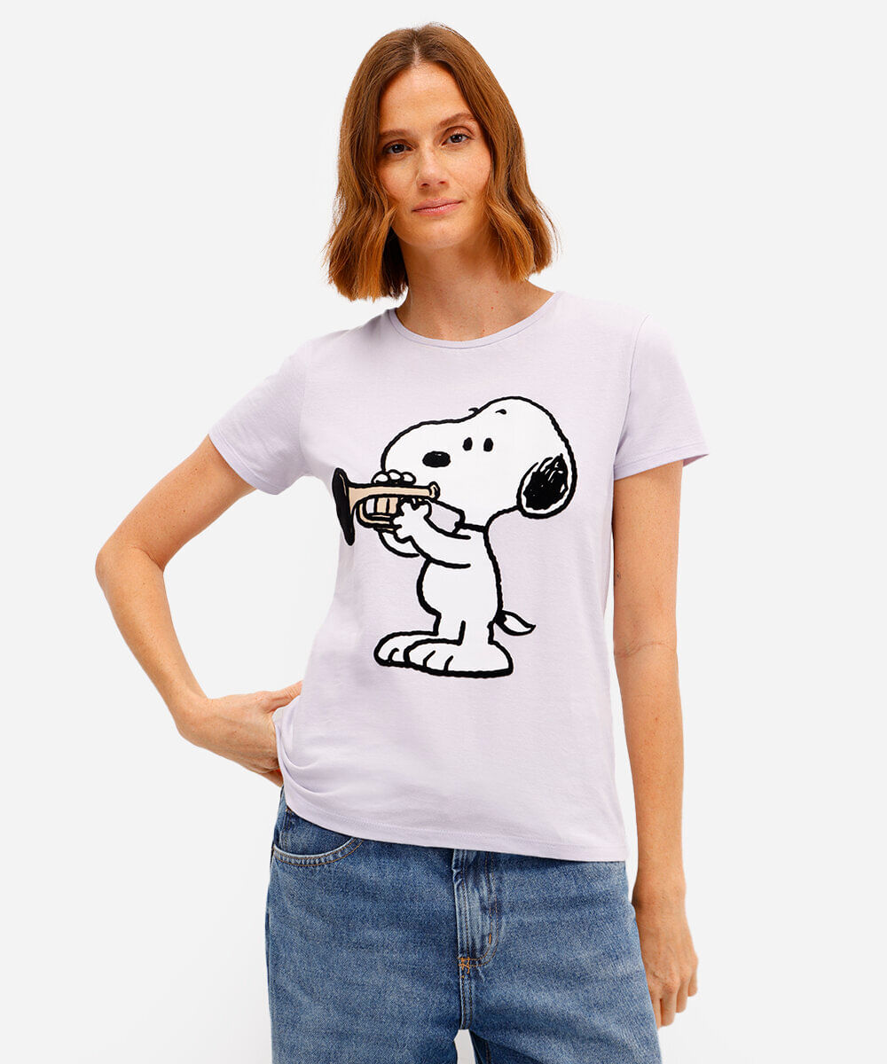 camiseta feminina de algodão snoopy texturizada lilás
