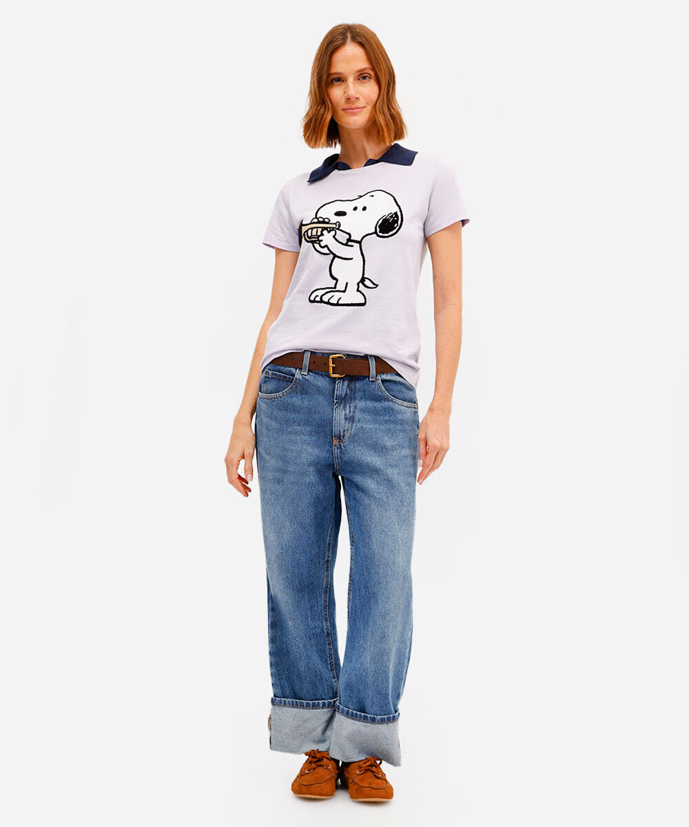 camiseta feminina de algodão snoopy texturizada lilás