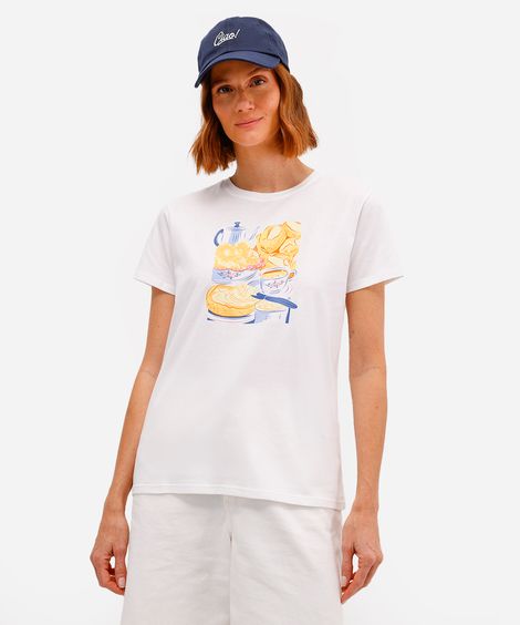 camiseta feminina de algodão café da manhã off white