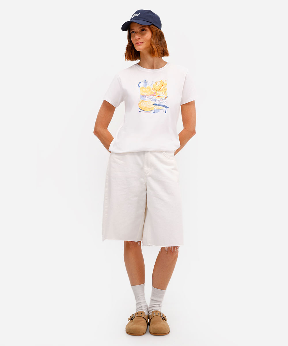 camiseta feminina de algodão café da manhã off white