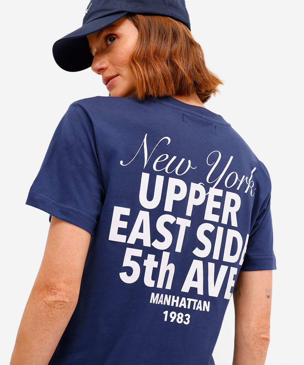 camiseta feminina de algodão new york azul