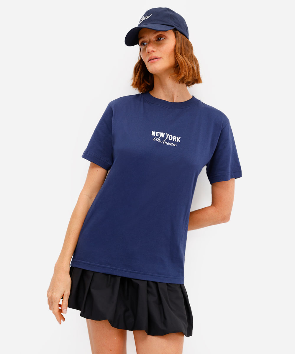 camiseta feminina de algodão new york azul