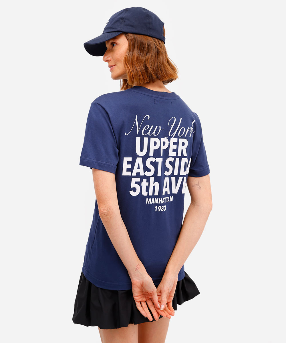 camiseta feminina de algodão new york azul
