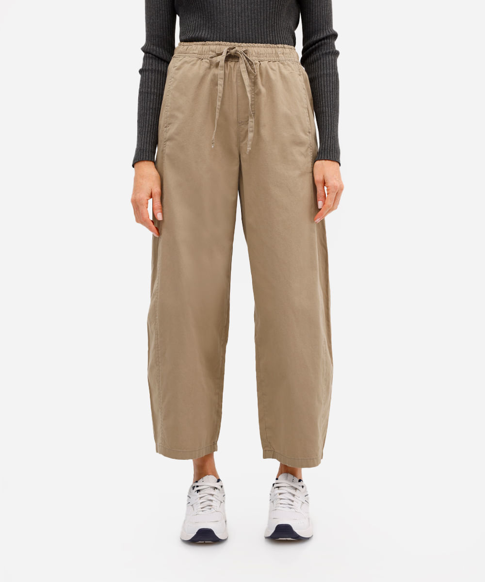 calça baggy feminina de algodão cós elástico bege