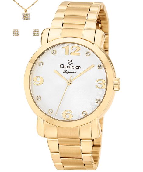 kit relógio feminino champion cn26279w analógico dourado