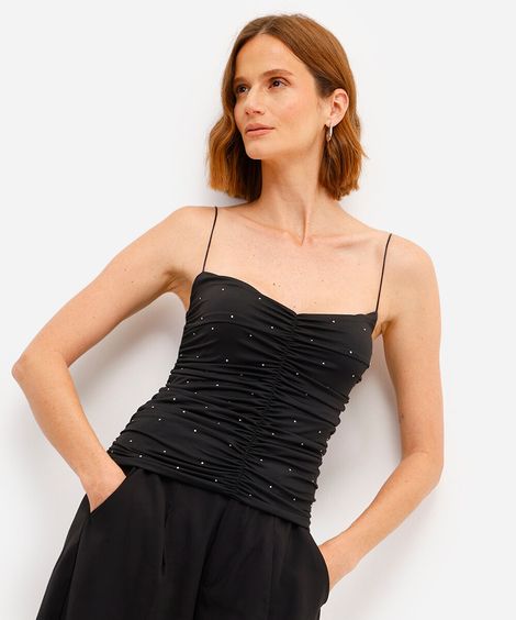blusa feminina alça fina decote coração franzida com brilhos preta