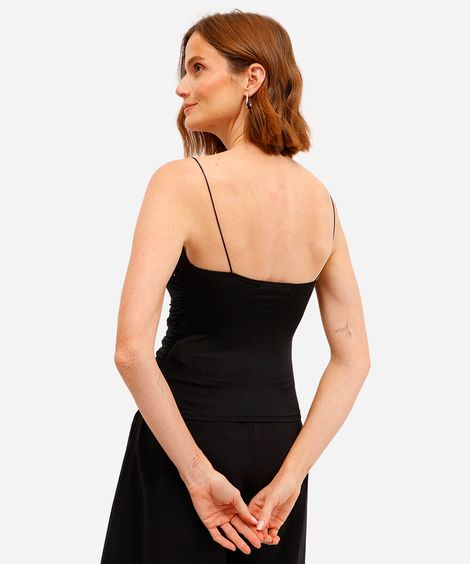 blusa feminina alça fina decote coração franzida com brilhos preta