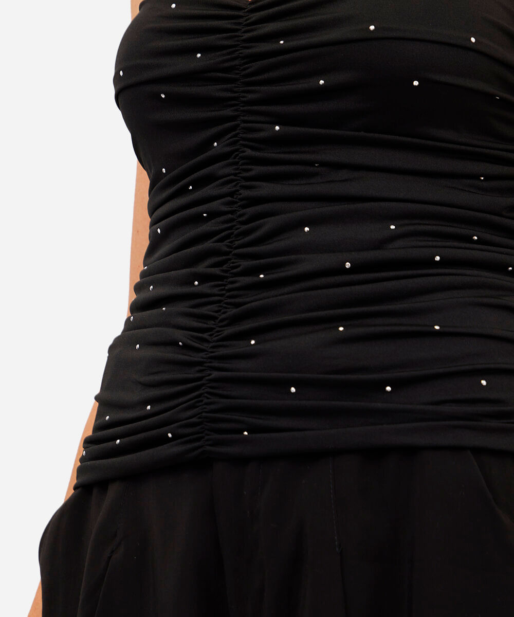 blusa feminina alça fina decote coração franzida com brilhos preta
