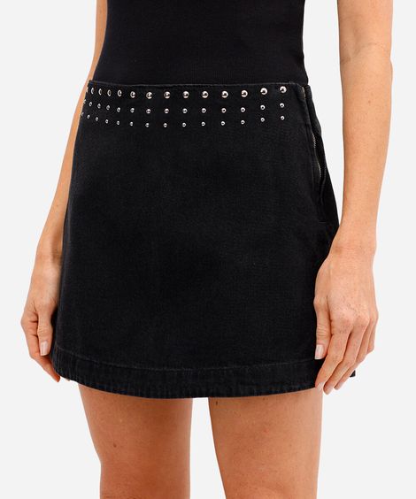 short saia feminino jeans com tachas preta