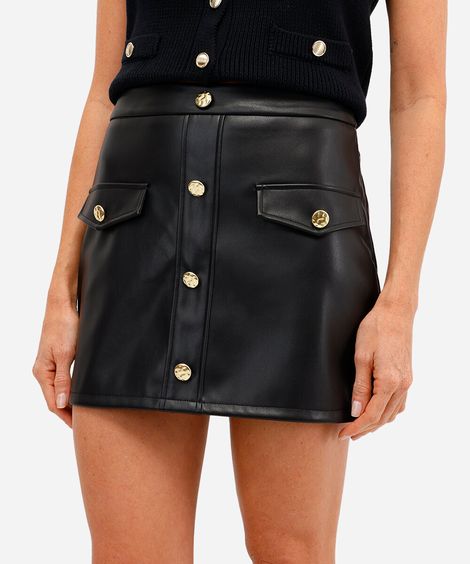 saia curta feminina de poliuretano com botões preta