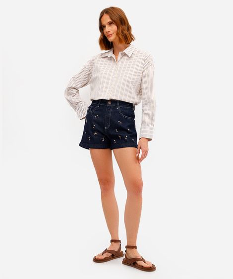 short mom feminino jeans bordado floral azul