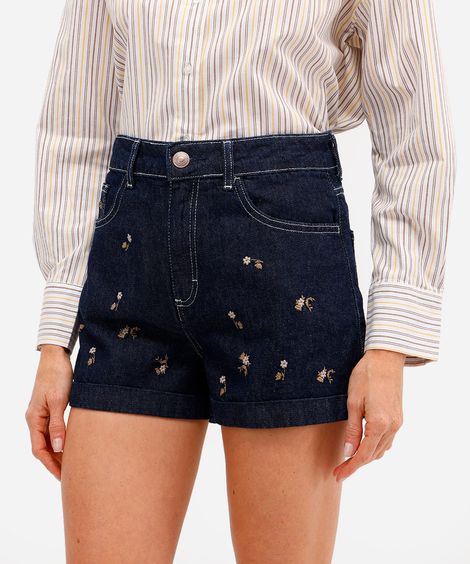 short mom feminino jeans bordado floral azul