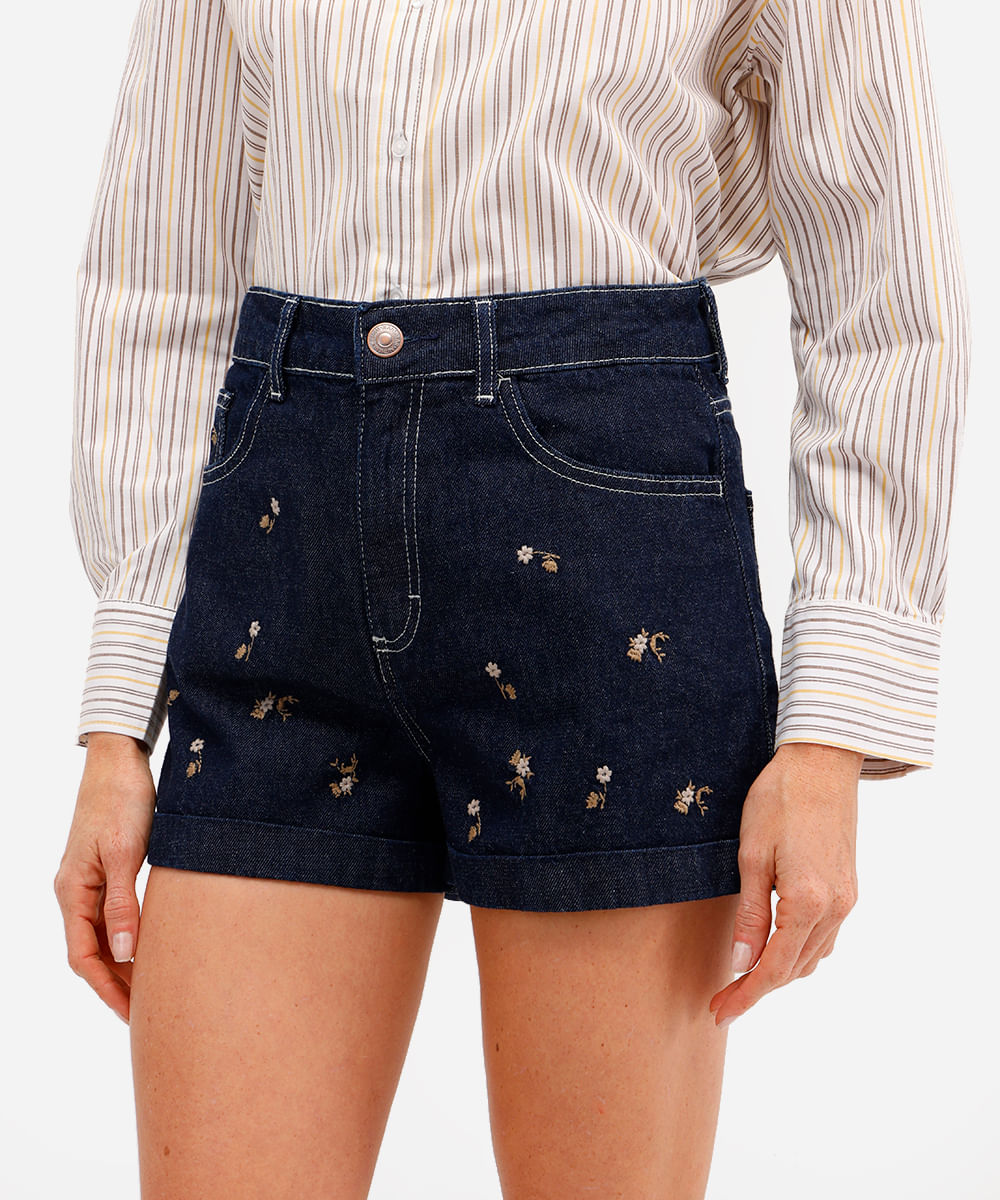 short mom feminino jeans bordado floral azul