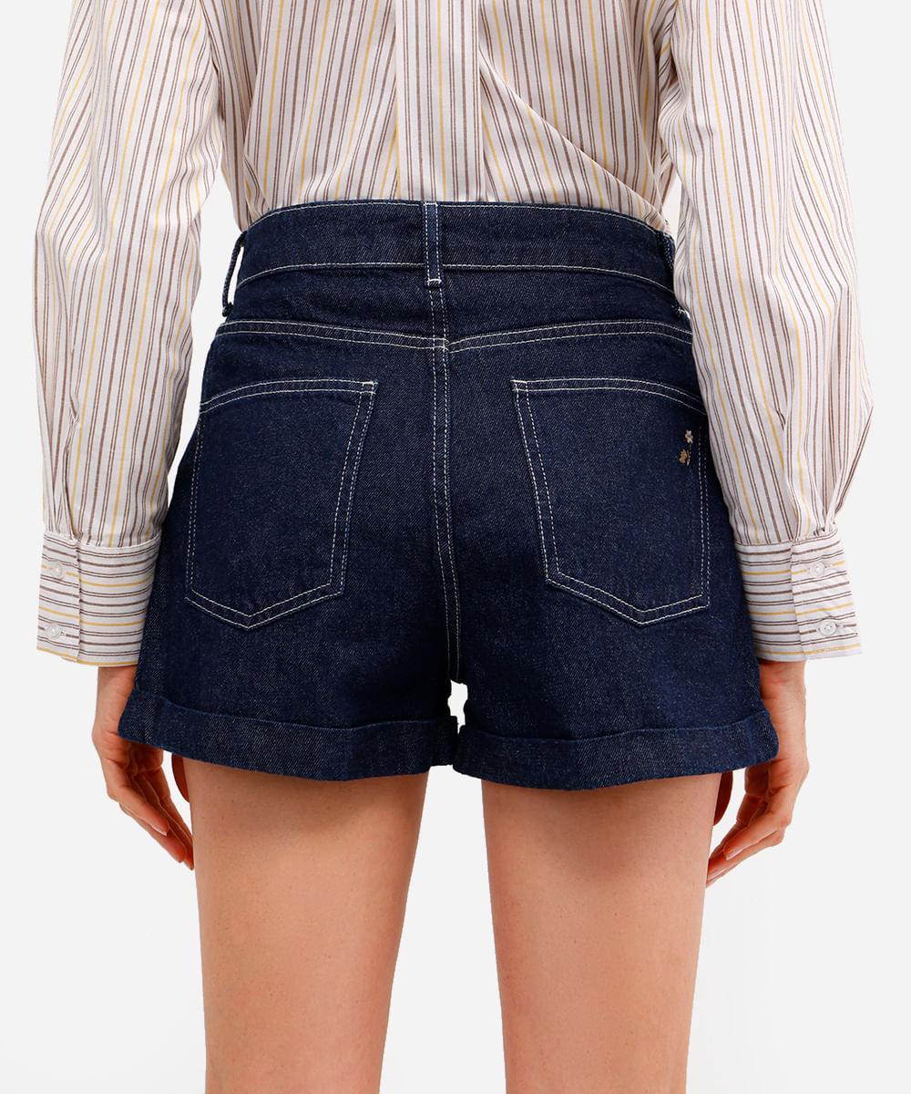short mom feminino jeans bordado floral azul