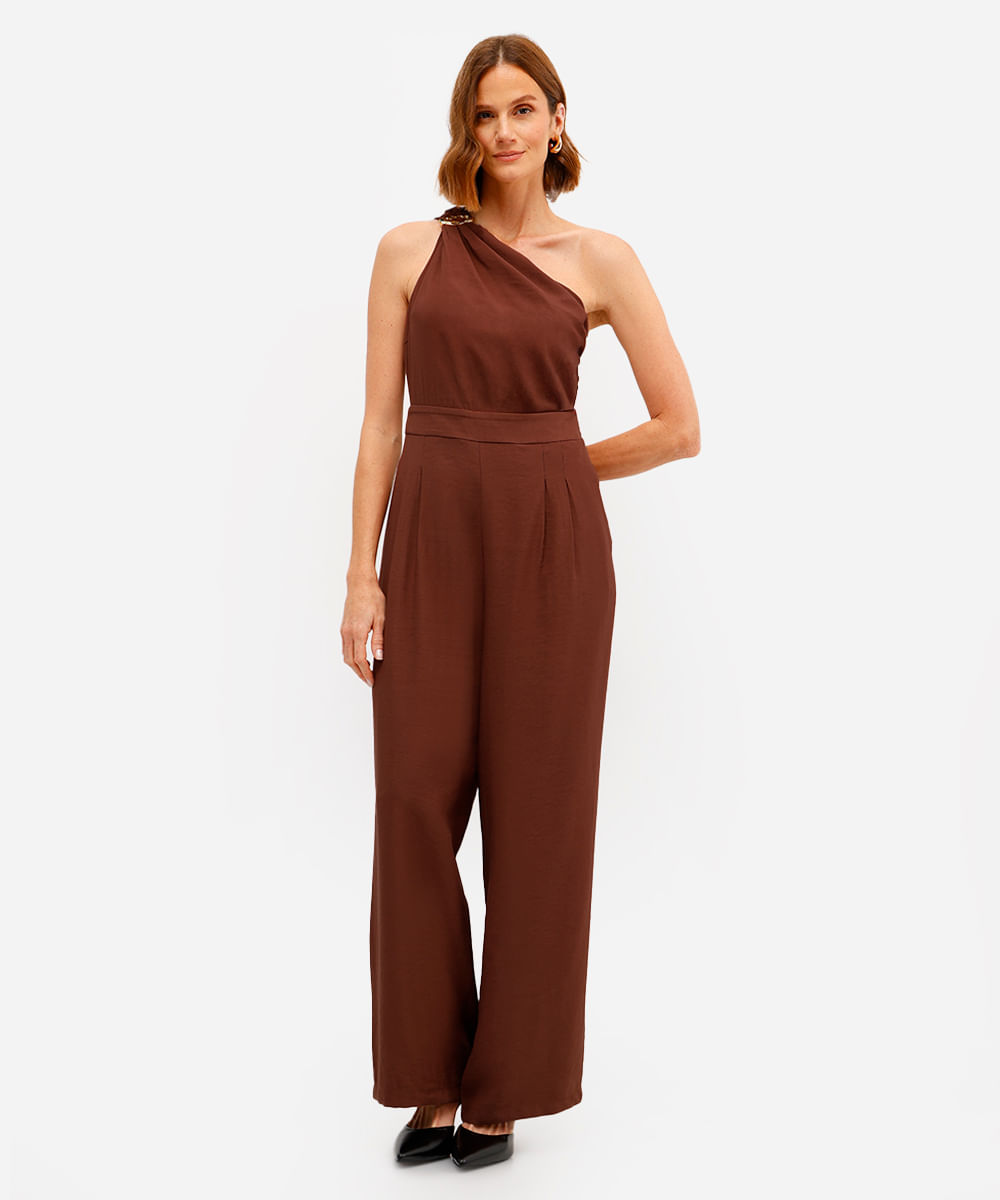 macacão ombro único feminino de viscose marrom