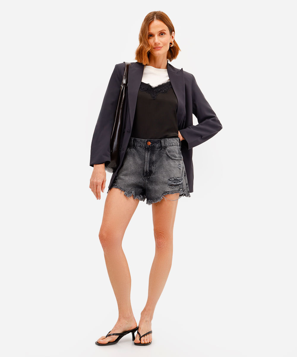 short feminino jeans destroyed preto