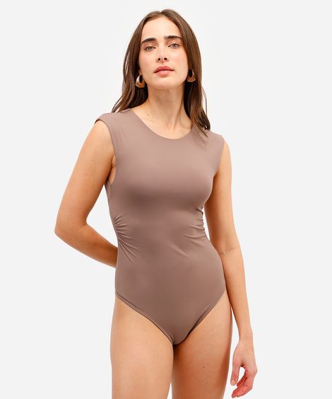 body feminino de poliamida franzido com recorte bege