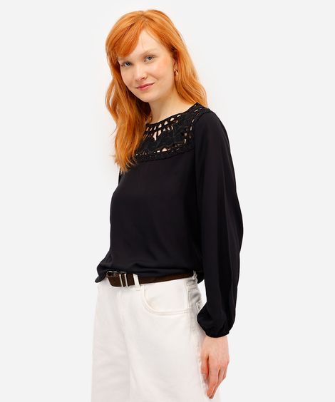 blusa feminina de viscose bordado floral  preta