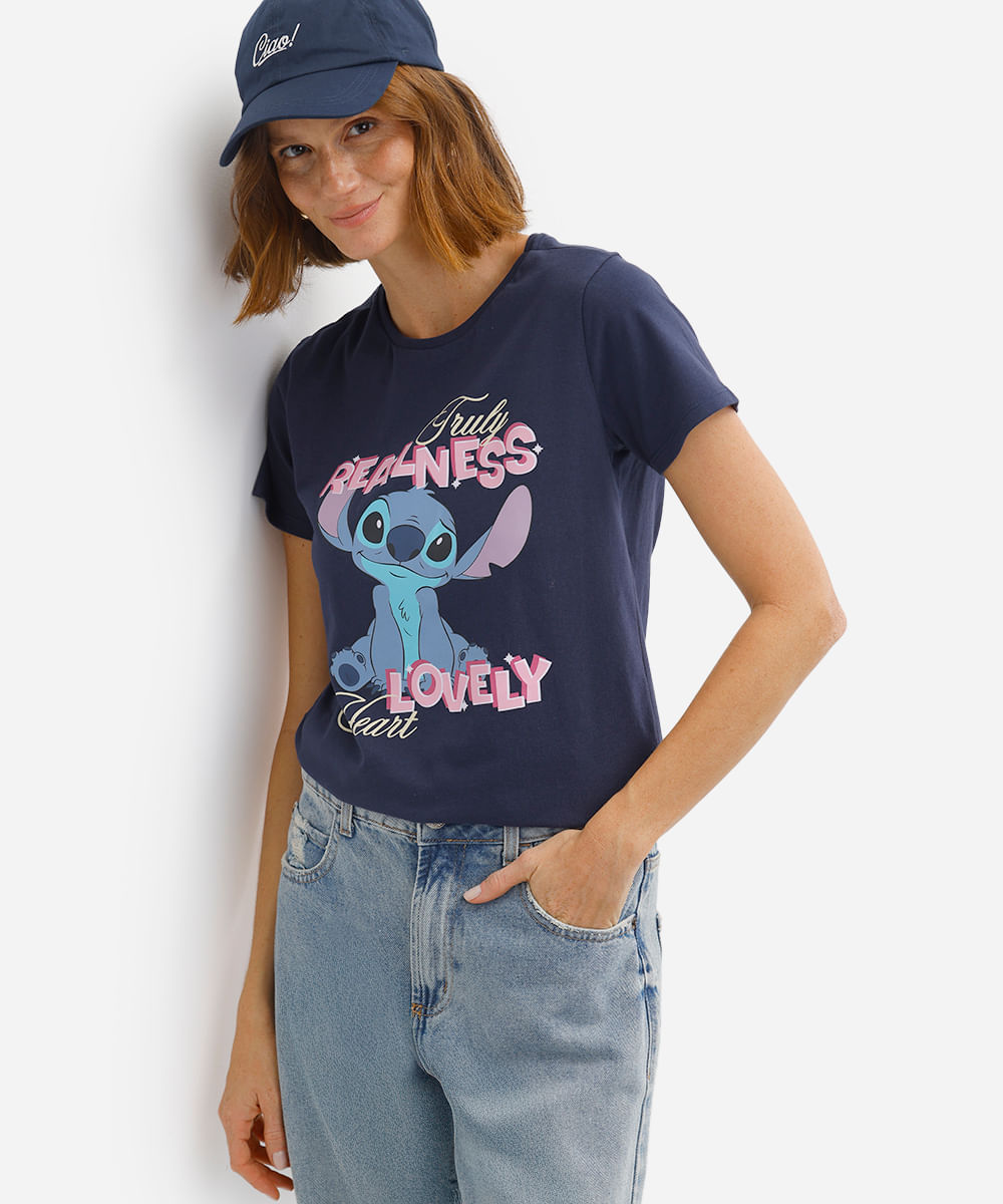 camiseta feminina de algodão stitch azul