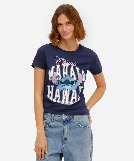 camiseta feminina de algodão stitch azul