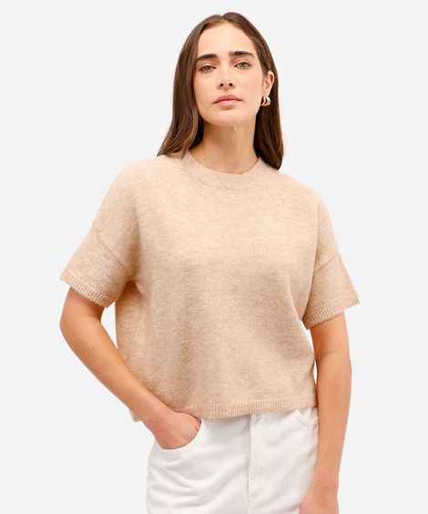 blusa feminina de tricot com lã manga curta bege
