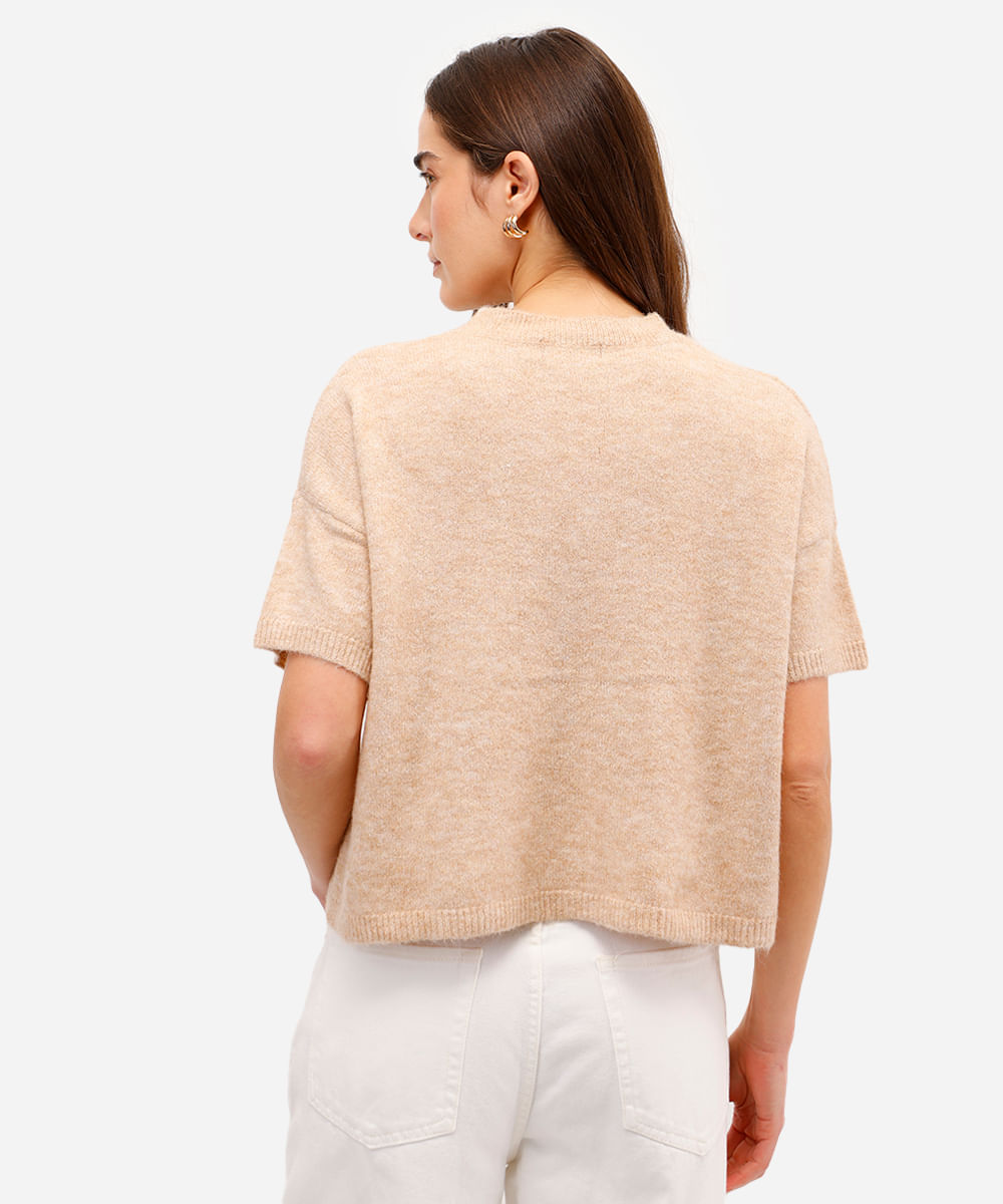 blusa feminina de tricot com lã manga curta bege