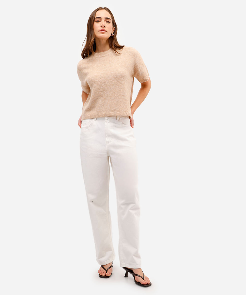 blusa feminina de tricot com lã manga curta bege