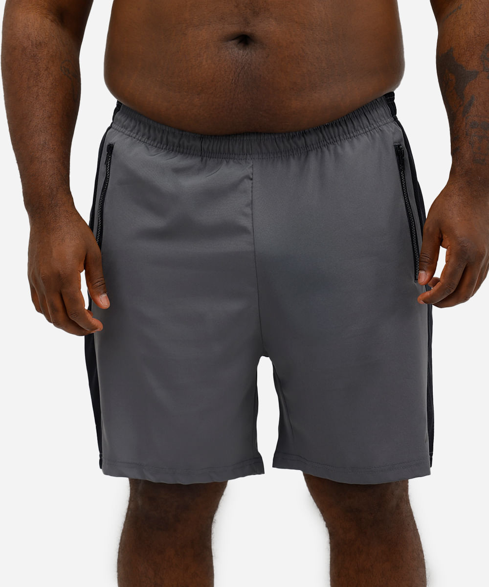 short plus size com elástico e tela esportivo cinza