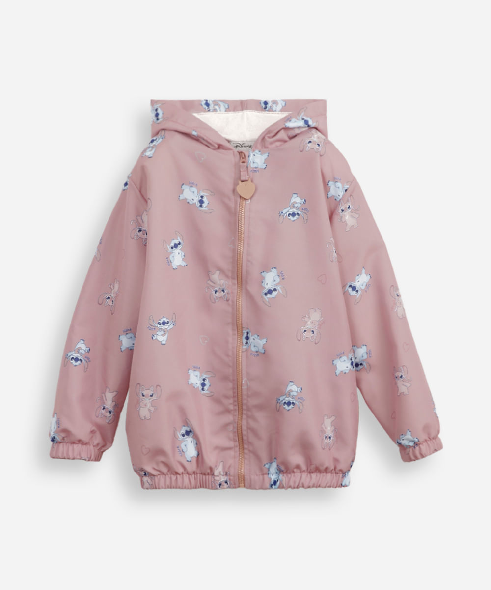 jaqueta infantil corta vento stitch e angel rosa