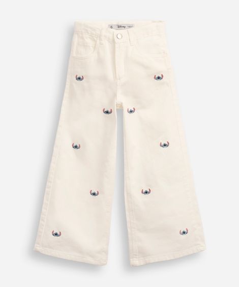 calça wide leg infantil sarja bordado stitch  off white