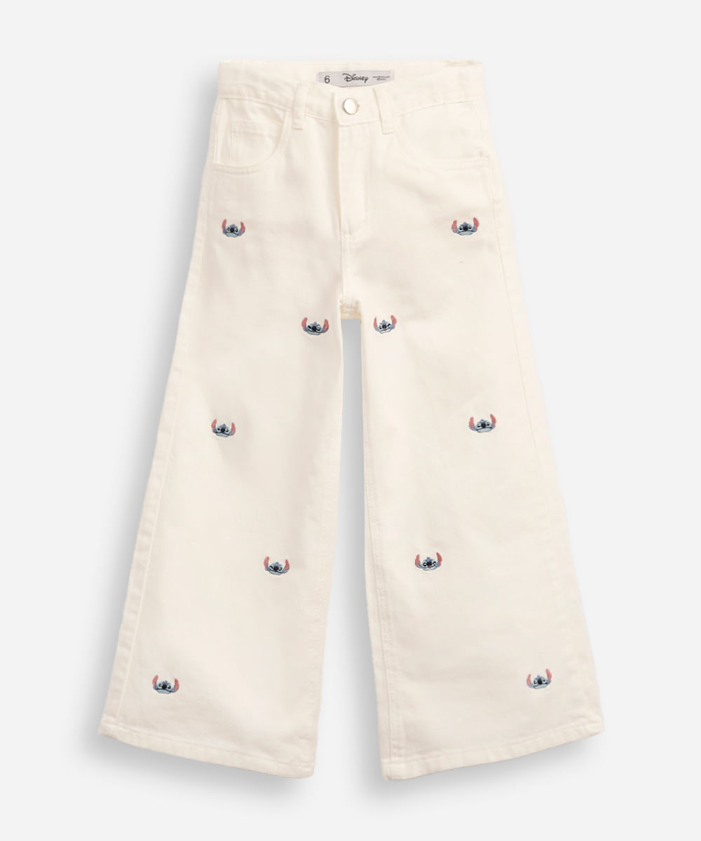 calça wide leg infantil sarja bordado stitch  off white