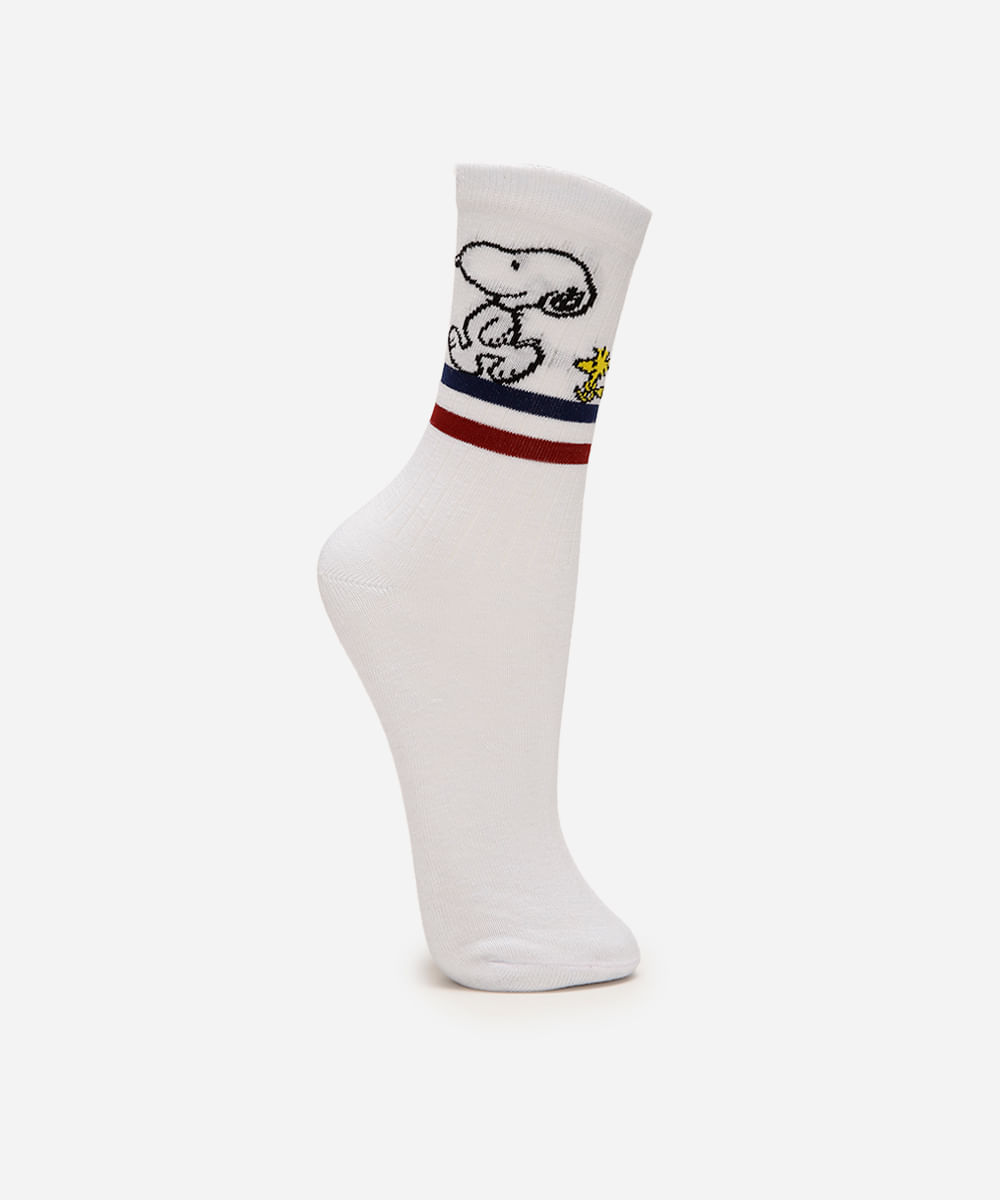 meia feminina cano alto snoopy e woodstock branca