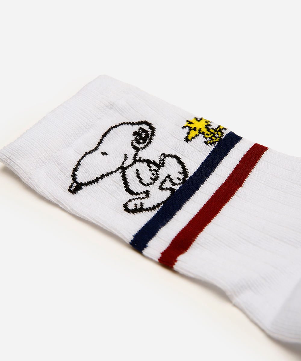 meia feminina cano alto snoopy e woodstock branca