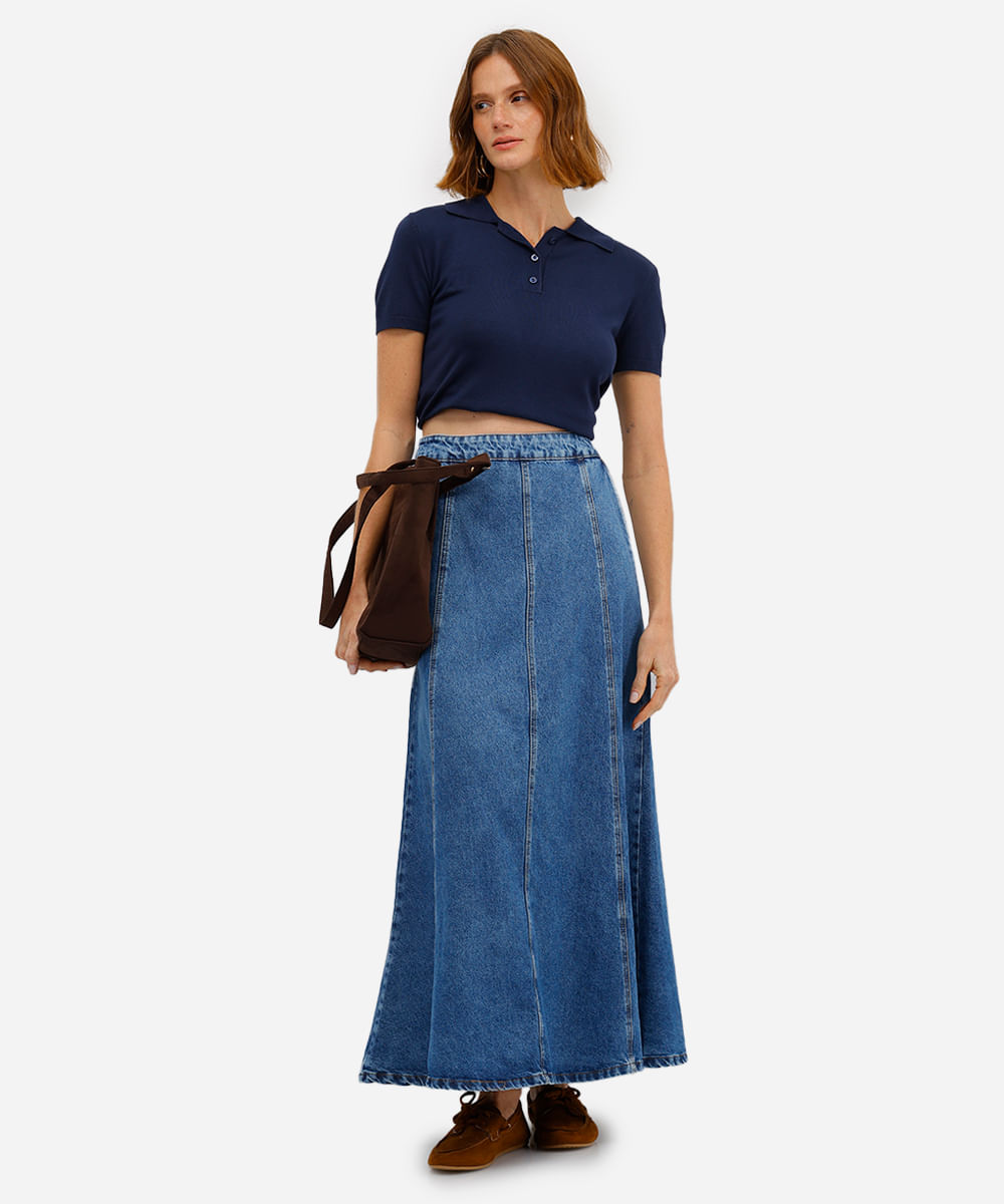 saia longa feminina jeans com recortes azul