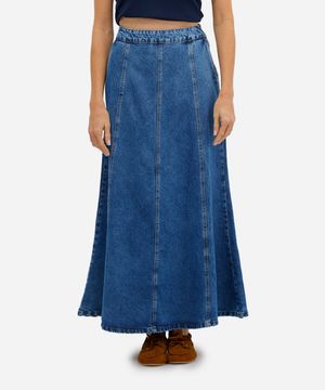 saia longa feminina jeans com recortes azul