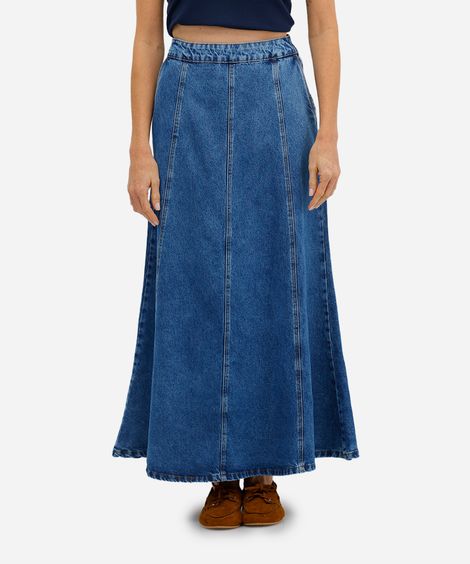 saia longa feminina jeans com recortes azul