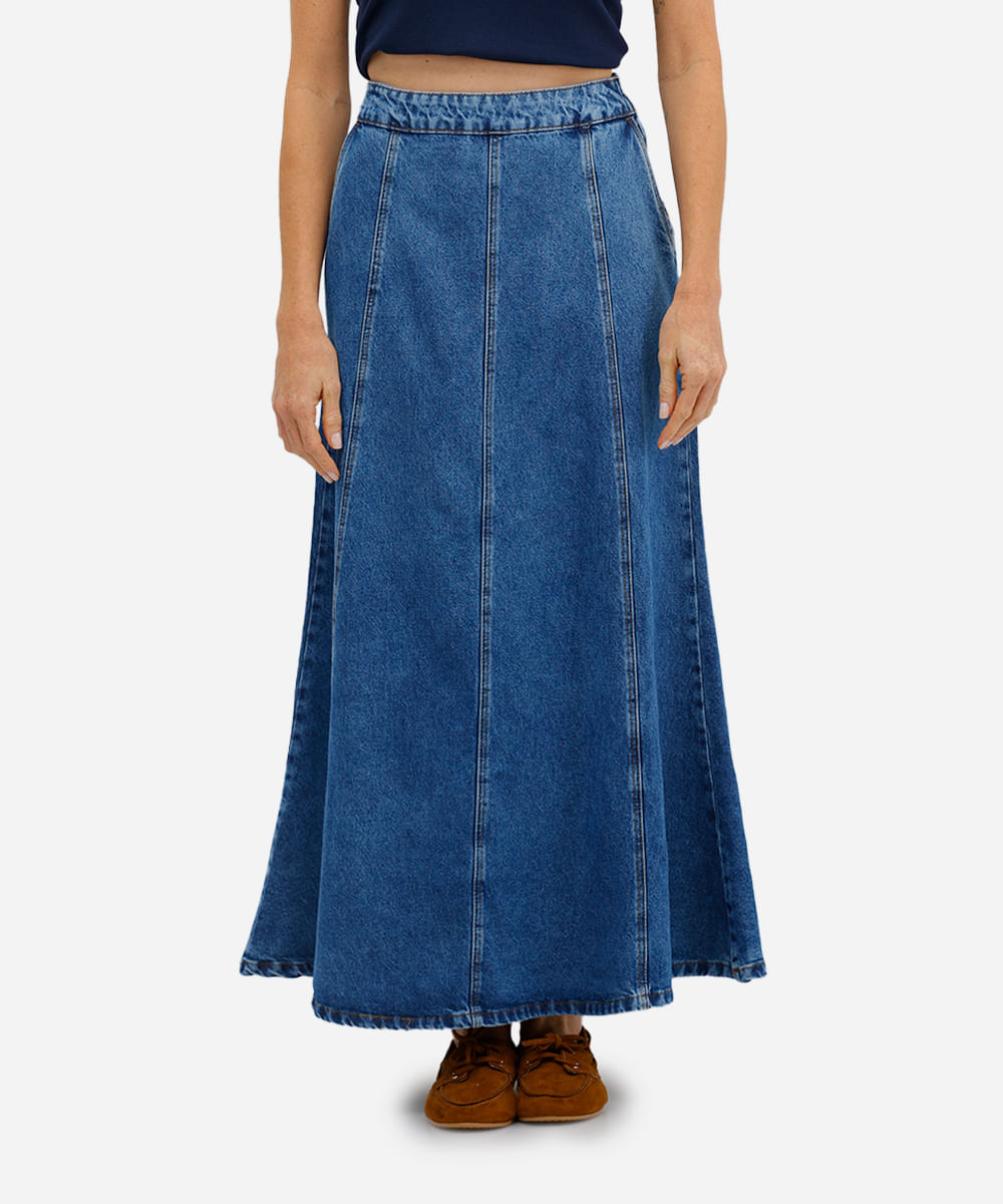 saia longa feminina jeans com recortes azul