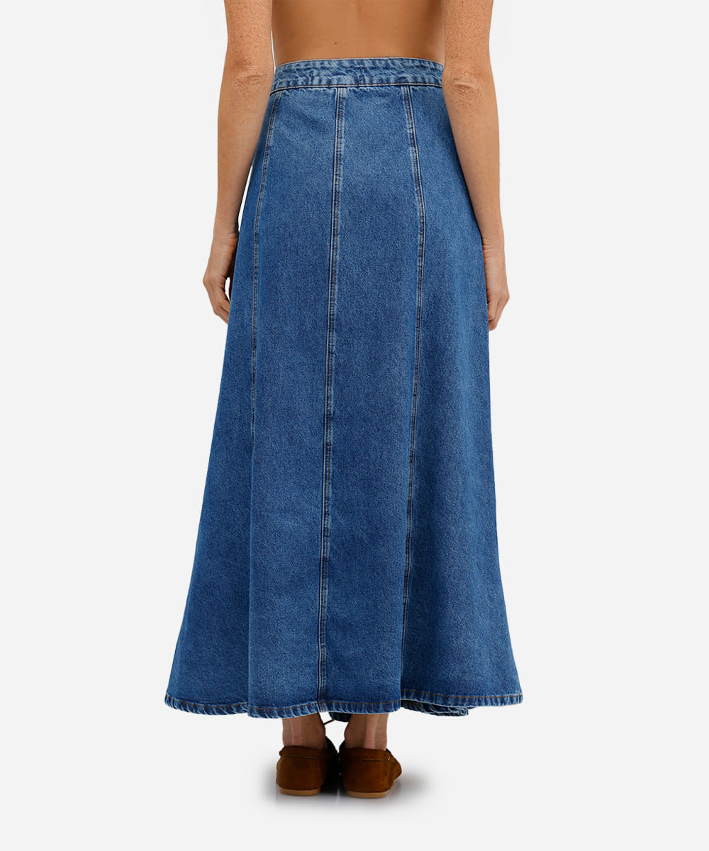 saia longa feminina jeans com recortes azul