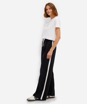 calça wide leg feminina faixa lateral preta