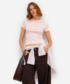 polo básica feminina de algodão manga curta canelada rosa