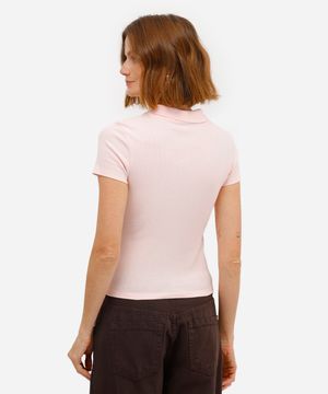 polo básica feminina de algodão manga curta canelada rosa