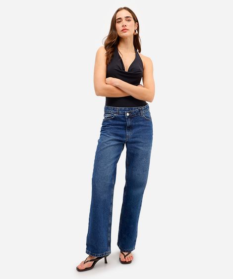 calça wide leg feminina jeans cós transpassado azul