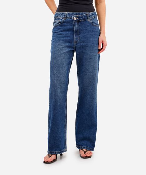 calça wide leg feminina jeans cós transpassado azul
