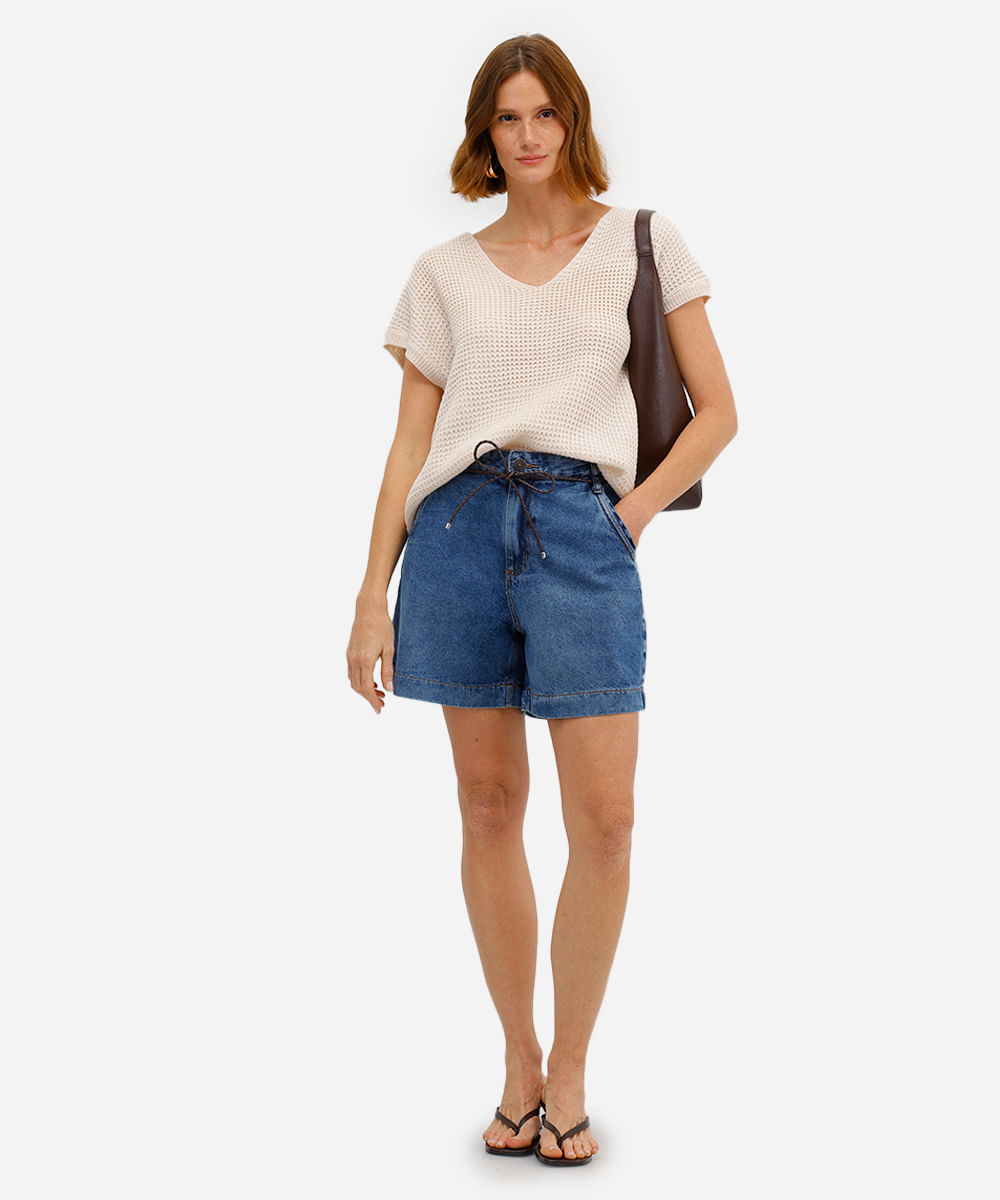 short feminino jeans com cordão azul