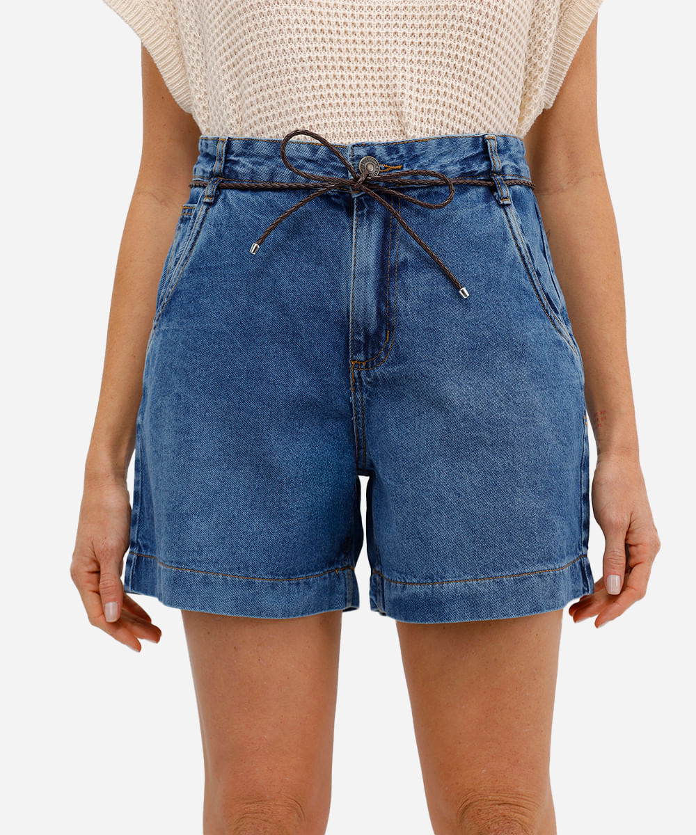 short feminino jeans com cordão azul